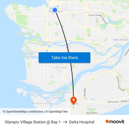 Olympic Village Station @ Bay 1 to Delta Hospital map