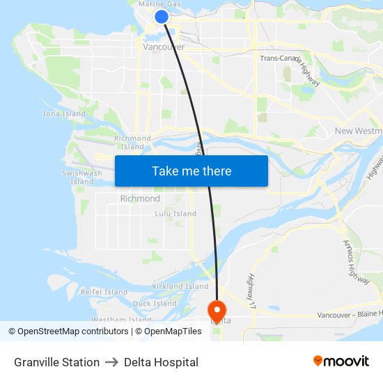 Granville Station to Delta Hospital map