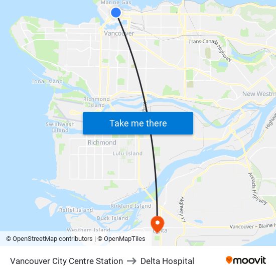 Vancouver City Centre Station to Delta Hospital map