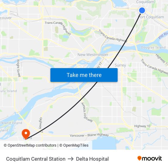 Coquitlam Central Station to Delta Hospital map