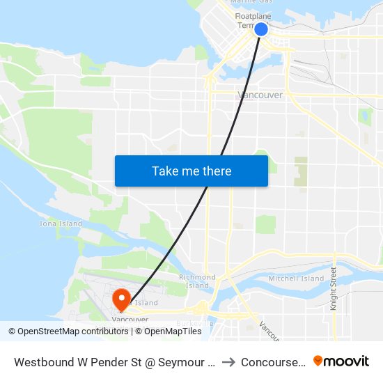 Westbound W Pender St @ Seymour St to Concourse B map