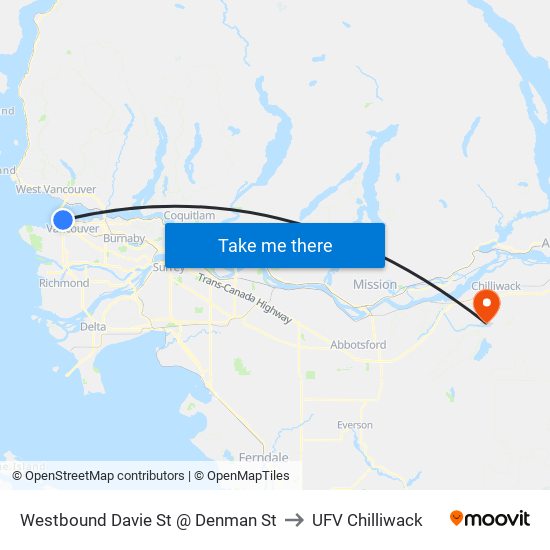Westbound Davie St @ Denman St to UFV Chilliwack map
