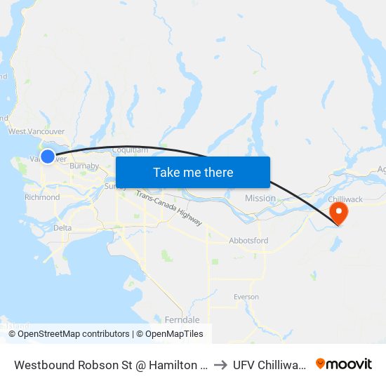 Westbound Robson St @ Hamilton St to UFV Chilliwack map