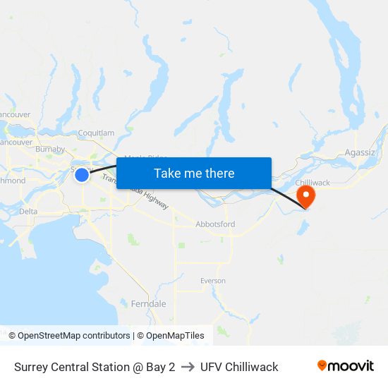 Surrey Central Station @ Bay 2 to UFV Chilliwack map