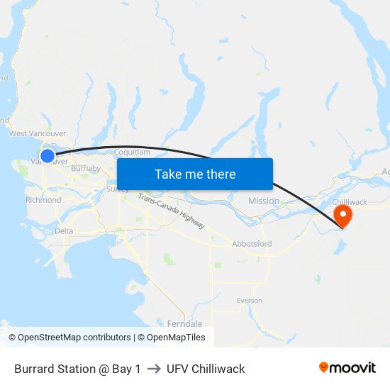 Burrard Station @ Bay 1 to UFV Chilliwack map