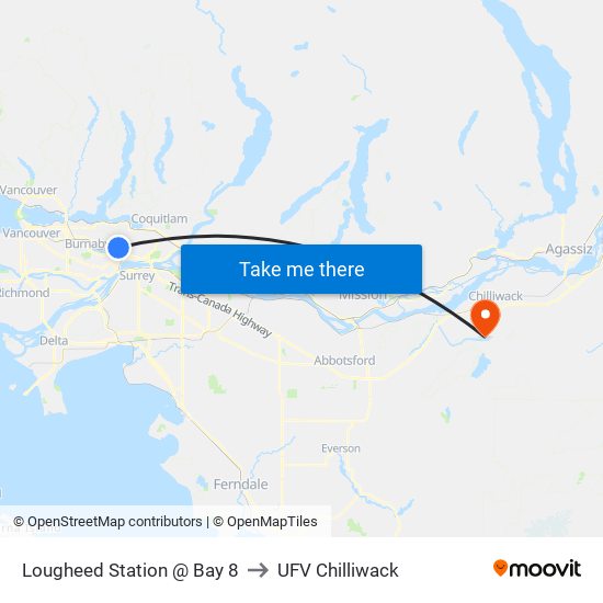 Lougheed Station @ Bay 8 to UFV Chilliwack map