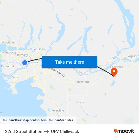 22nd Street Station to UFV Chilliwack map