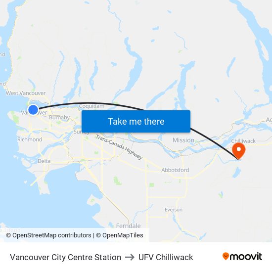 Vancouver City Centre Station to UFV Chilliwack map