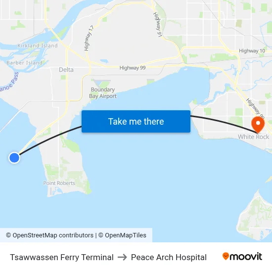 Tsawwassen Ferry Terminal to Peace Arch Hospital map