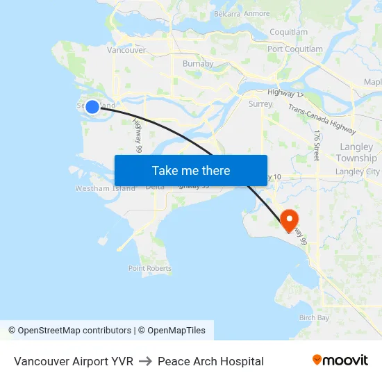 Vancouver Airport YVR to Peace Arch Hospital map