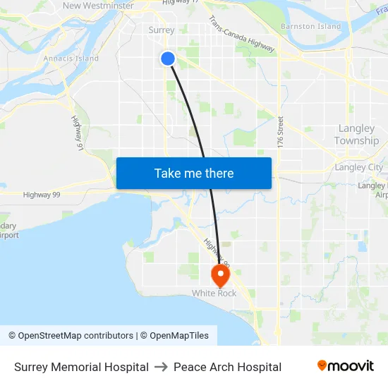 Surrey Memorial Hospital to Peace Arch Hospital map