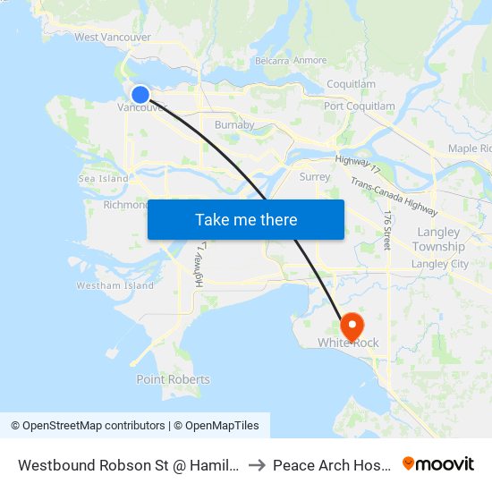 Westbound Robson St @ Hamilton St to Peace Arch Hospital map