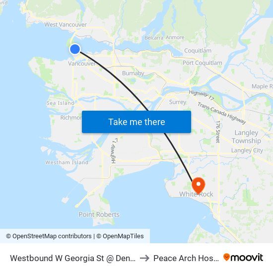 Westbound W Georgia St @ Denman St to Peace Arch Hospital map