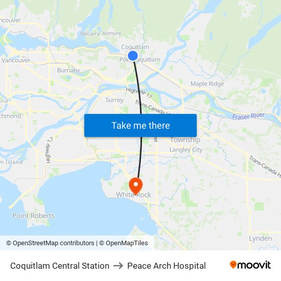 Coquitlam Central Station to Peace Arch Hospital map