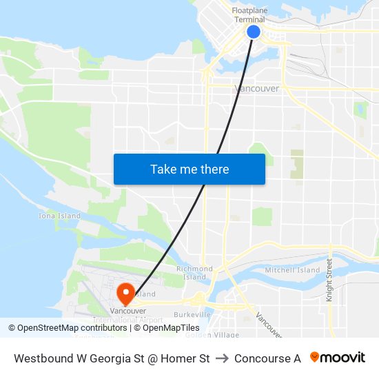 Westbound W Georgia St @ Homer St to Concourse A map