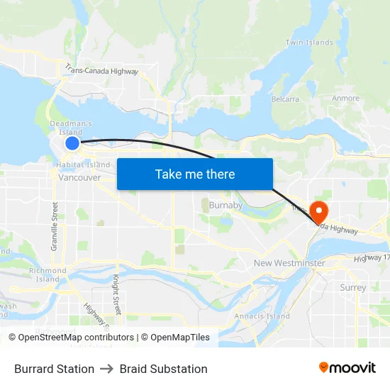 Burrard Station to Braid Substation map
