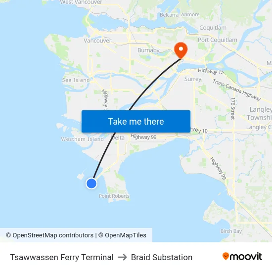 Tsawwassen Ferry Terminal to Braid Substation map