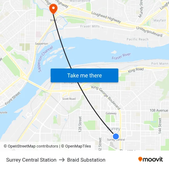 Surrey Central Station to Braid Substation map