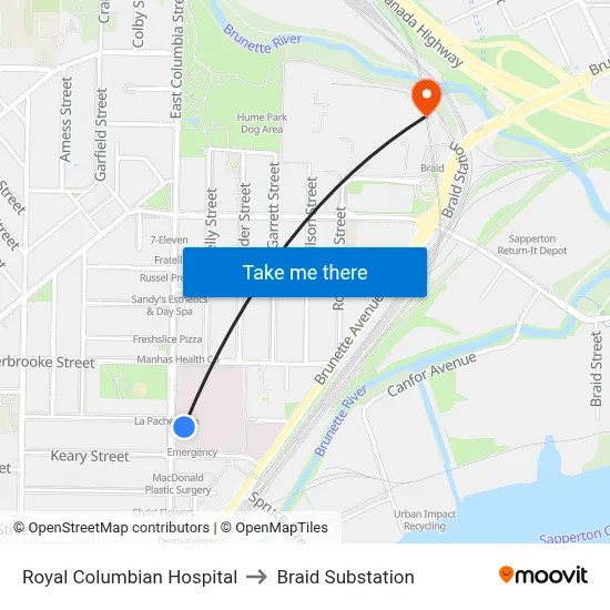 Royal Columbian Hospital to Braid Substation map