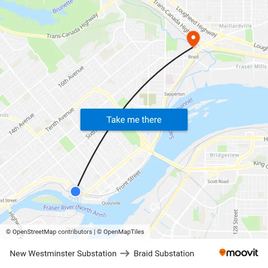 New Westminster Substation to Braid Substation map