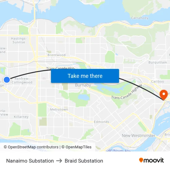 Nanaimo Substation to Braid Substation map