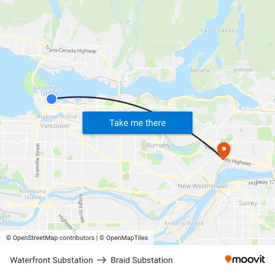 Waterfront Substation to Braid Substation map