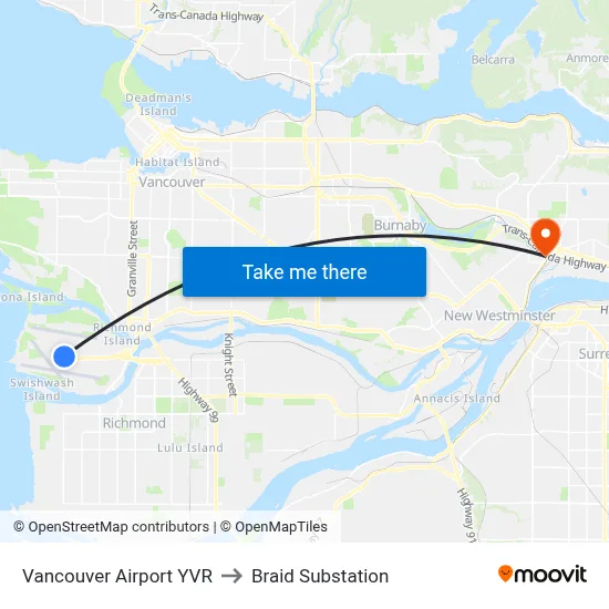 Vancouver Airport YVR to Braid Substation map