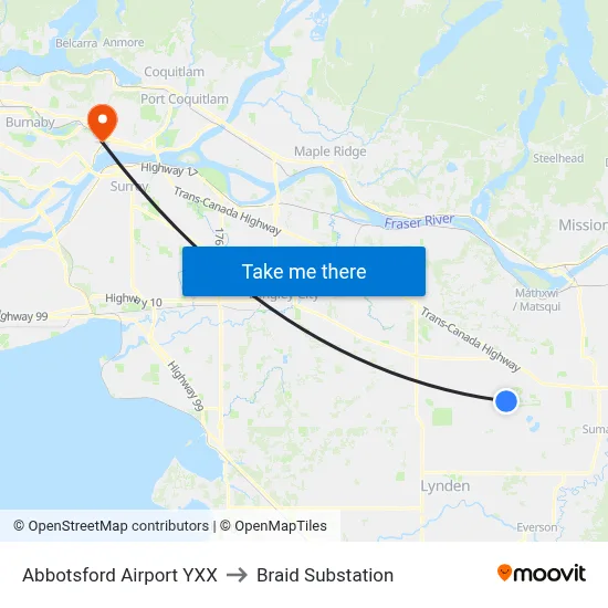 Abbotsford Airport YXX to Braid Substation map