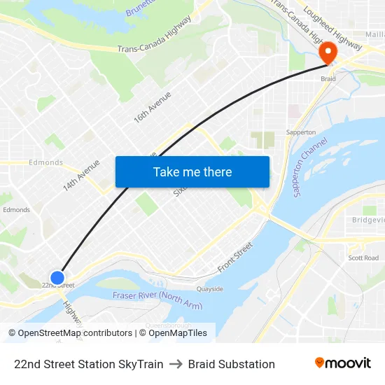 22nd Street Station SkyTrain to Braid Substation map