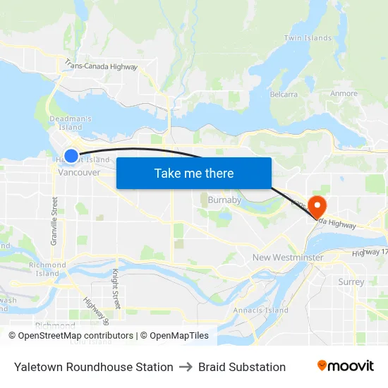 Yaletown Roundhouse Station to Braid Substation map