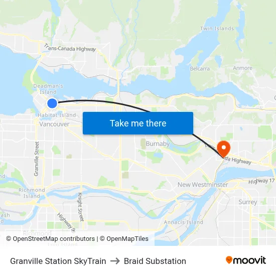 Granville Station SkyTrain to Braid Substation map