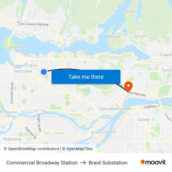 Commercial Broadway Station to Braid Substation map