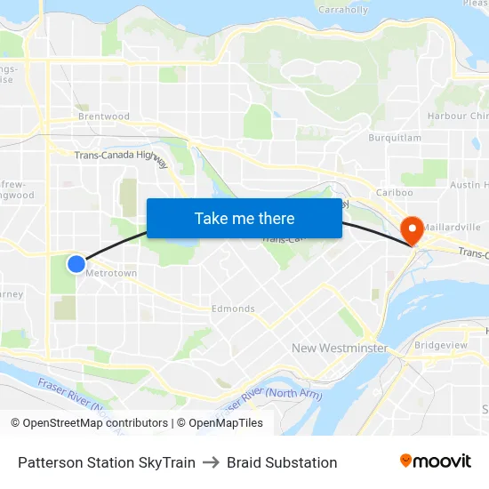 Patterson Station SkyTrain to Braid Substation map