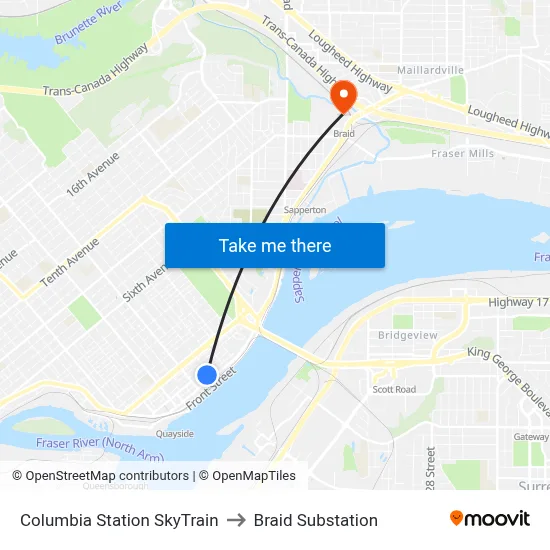 Columbia Station SkyTrain to Braid Substation map