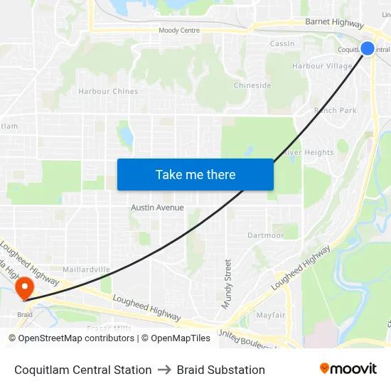 Coquitlam Central Station to Braid Substation map