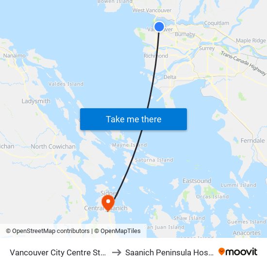 Vancouver City Centre Station to Saanich Peninsula Hospital map