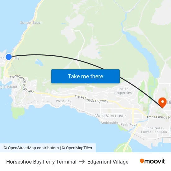 Horseshoe Bay Ferry Terminal to Edgemont Village map