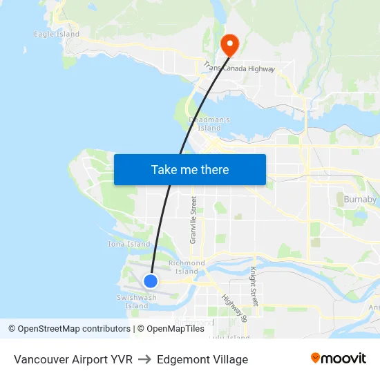 Vancouver Airport YVR to Edgemont Village map
