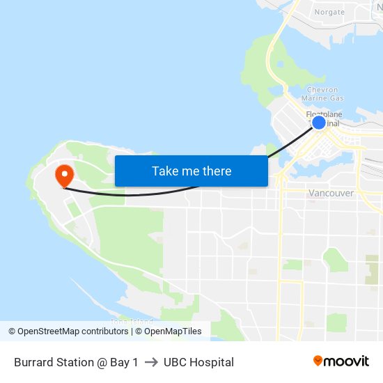 Burrard Station @ Bay 1 to UBC Hospital map