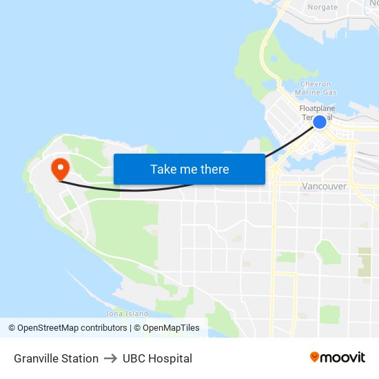 Granville Station to UBC Hospital map