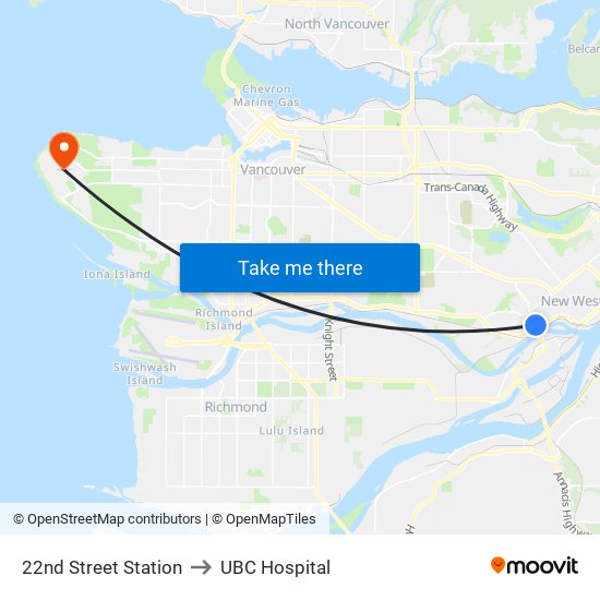 22nd Street Station to UBC Hospital map