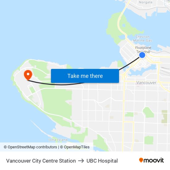 Vancouver City Centre Station to UBC Hospital map