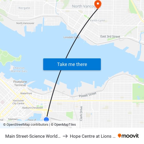 Main Street-Science World Station @ Bay 1 to Hope Centre at Lions Gate Hospital map