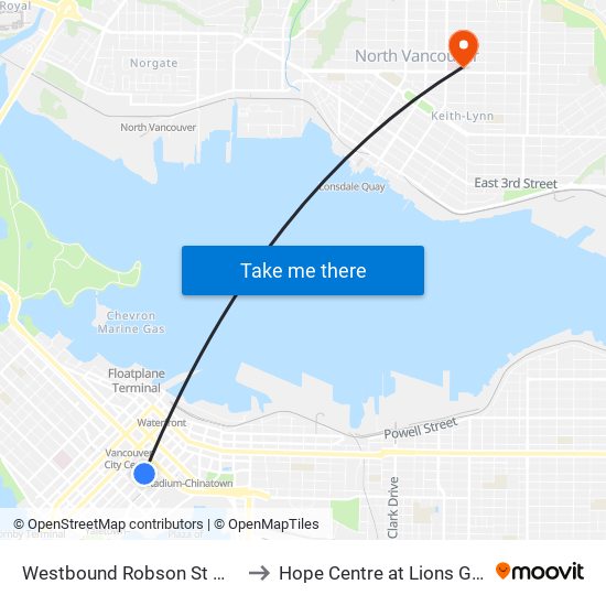 Westbound Robson St @ Hamilton St to Hope Centre at Lions Gate Hospital map