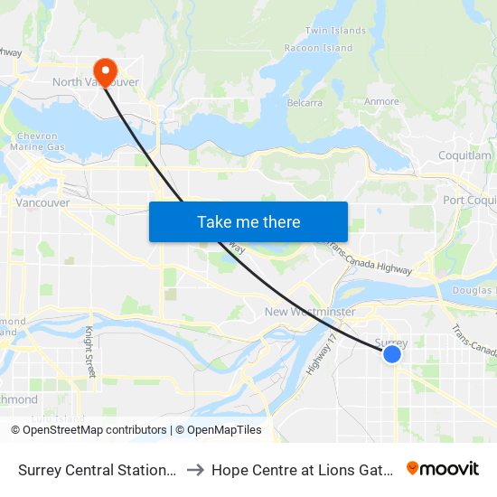 Surrey Central Station @ Bay 8 to Hope Centre at Lions Gate Hospital map