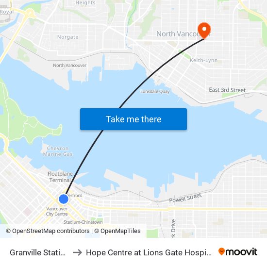 Granville Station to Hope Centre at Lions Gate Hospital map