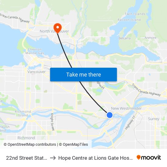 22nd Street Station to Hope Centre at Lions Gate Hospital map