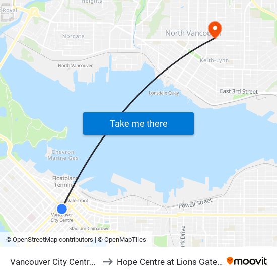 Vancouver City Centre Station to Hope Centre at Lions Gate Hospital map