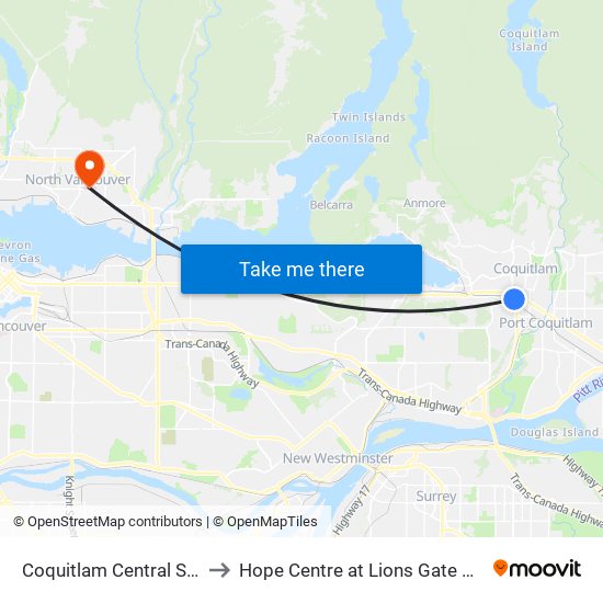 Coquitlam Central Station to Hope Centre at Lions Gate Hospital map