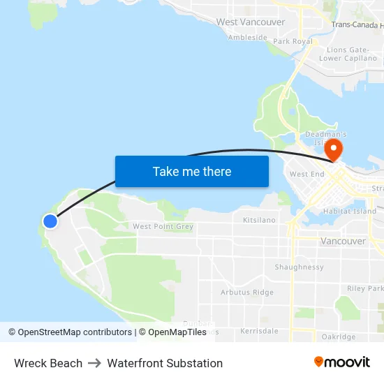 Wreck Beach to Waterfront Substation map
